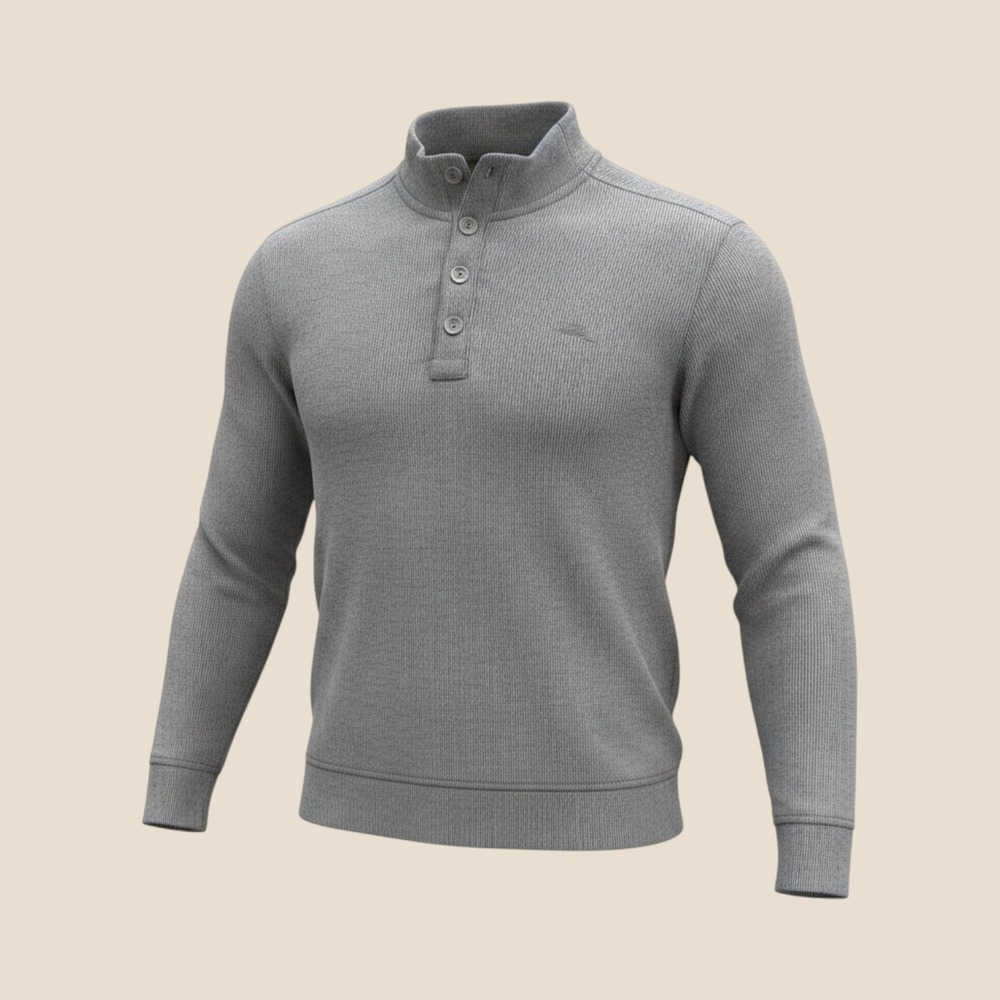 Tommy Bahama Mens XL Grey Ribbed Mock Neck 4-Button Pullover Sweater Marlin Logo
